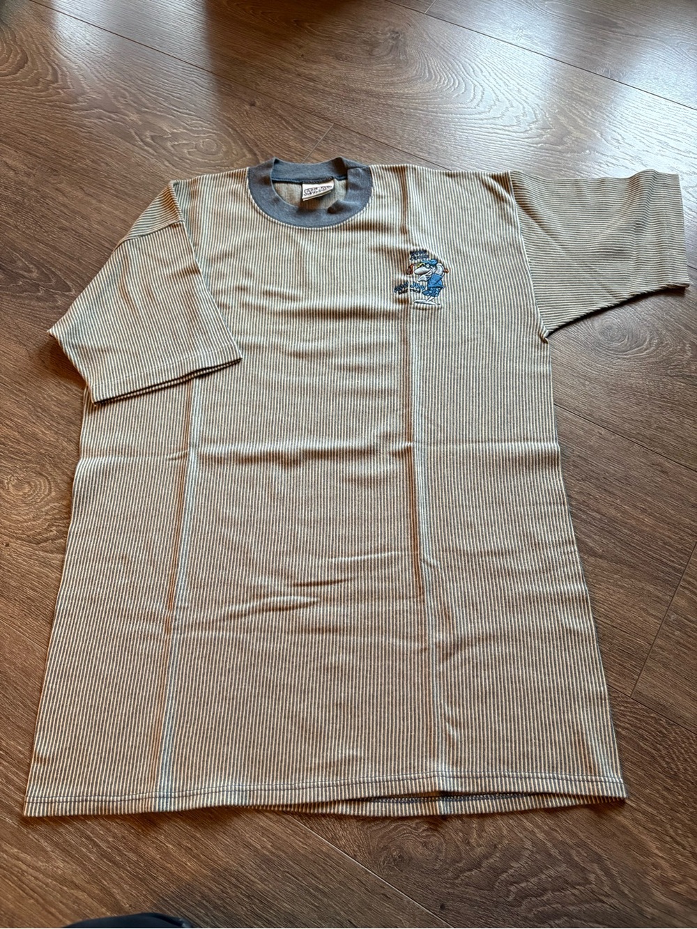 90’s, men Ron Jon Beige and Gray Striped Short-Sleeve Crewneck Shirt